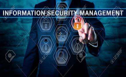 Male corporate manager is touching INFORMATION SECURITY MANAGEMENT on an interactive control screen displaying virtual forensics tool icons. Cyber security concept and business metaphor for ISM.